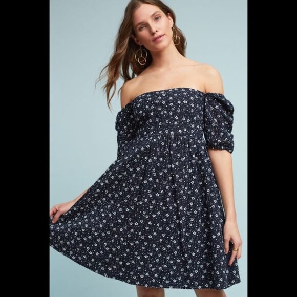 Maeve Babydoll Smocked Coquette Flowy Puff Square Off Shoulder Floral Dress 6 - Picture 8 of 8